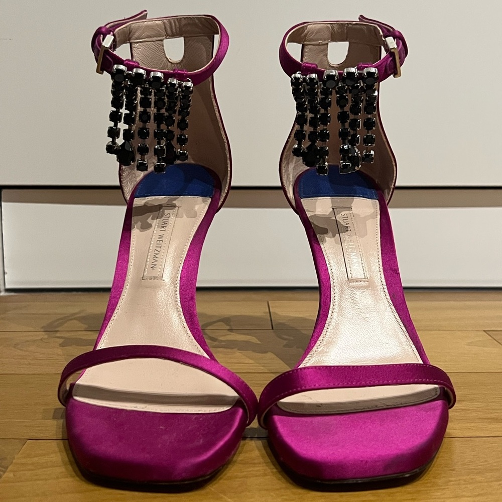 Stuart Weitzman REMOVABLE Crystals Women’s Satin Nudist Disco Heels Pink